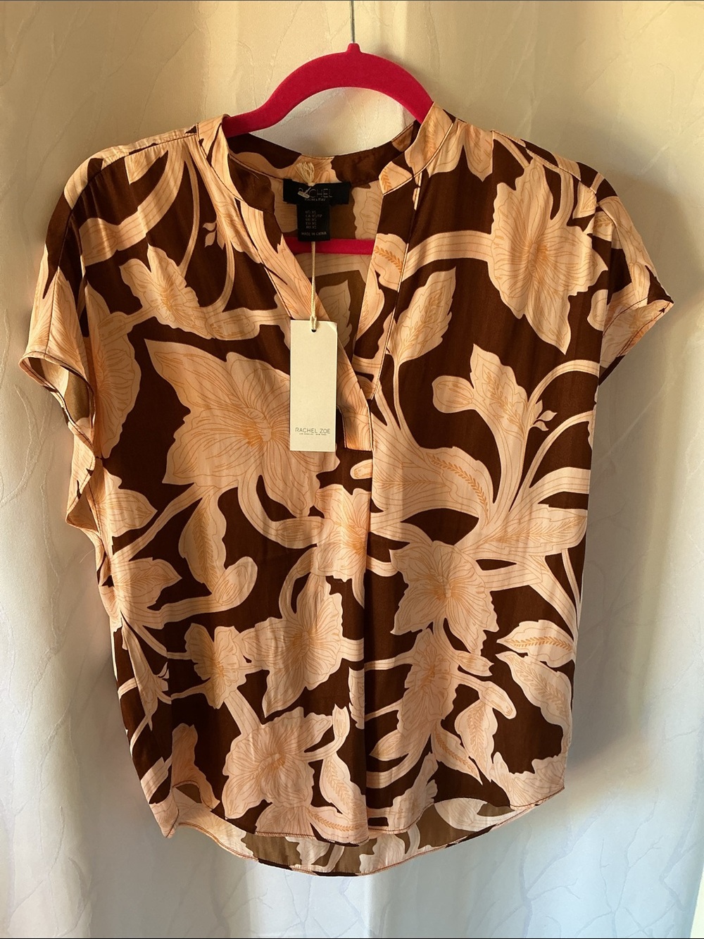 RACHEL Rachel Roy Brown Blouse with Cream Floral Print